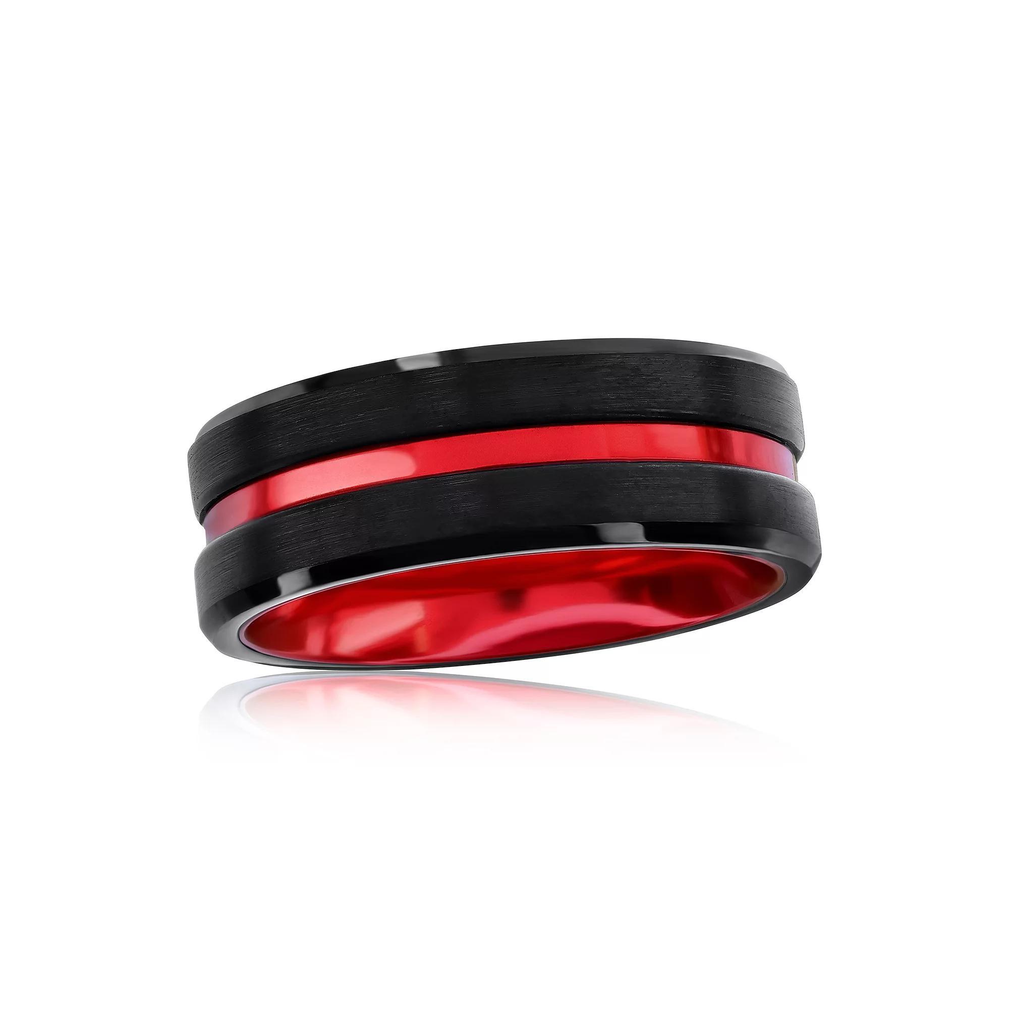 Metallo Sleek Luxe Interior Stripe Tungsten Ring, Men's, Size: 10, Black Red Product Image