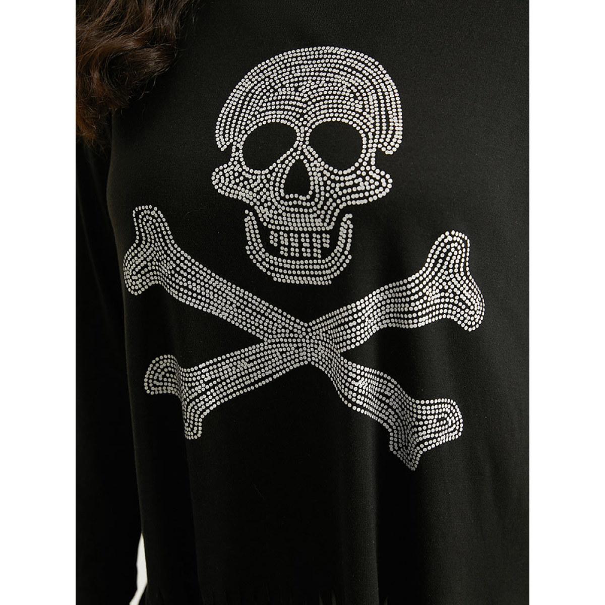 Plus Size Halloween Skull Rhinestone Fringe Trim T-shirt Black Women Casual Tassels Halloween Festival-Halloween T-shirts BloomChic 30/6X Product Image
