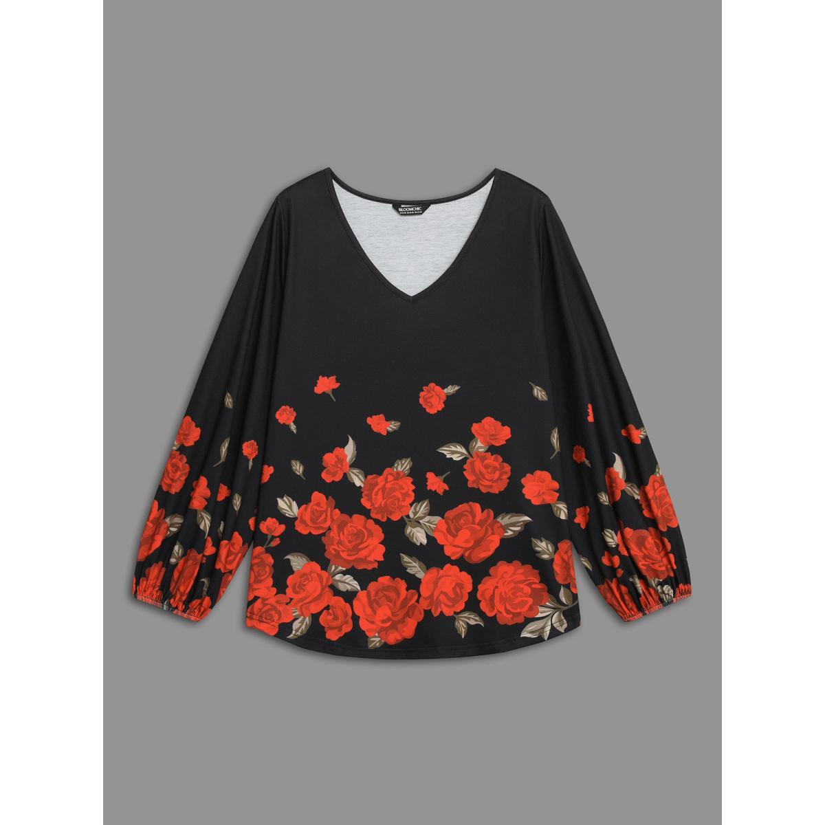 Plus Size Floral Hem V-Neck Stretchy T-shirt Black Women Elegant Contrast Natural Flowers V-neck Everyday T-shirts BloomChic 30/6X Product Image