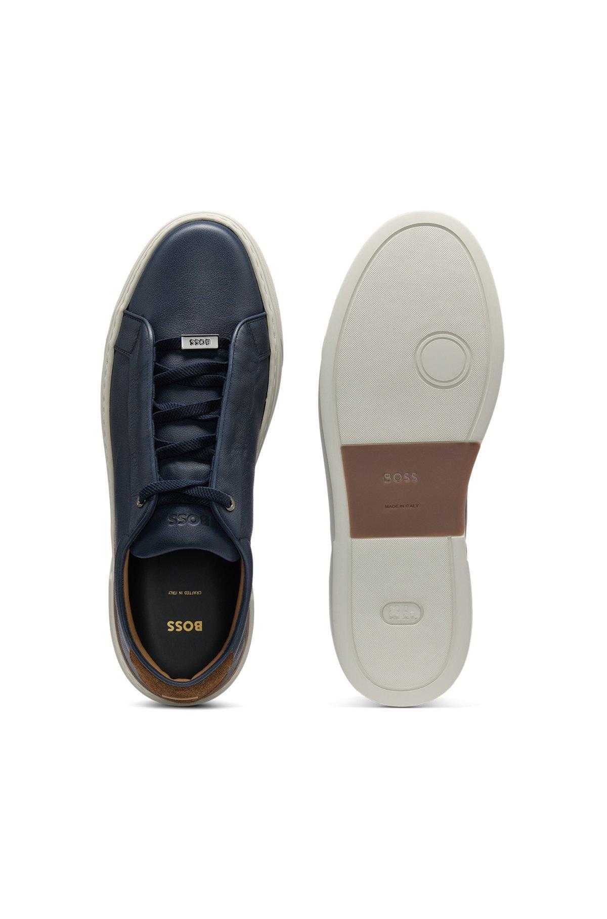 BOSS - Gary leather trainers with suede backtab - Dark Blue Product Image