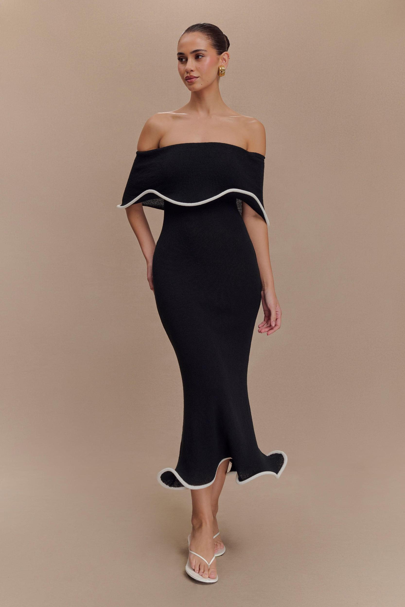 Molly Off Shoulder Knit Midi Dress - Black/White Product Image