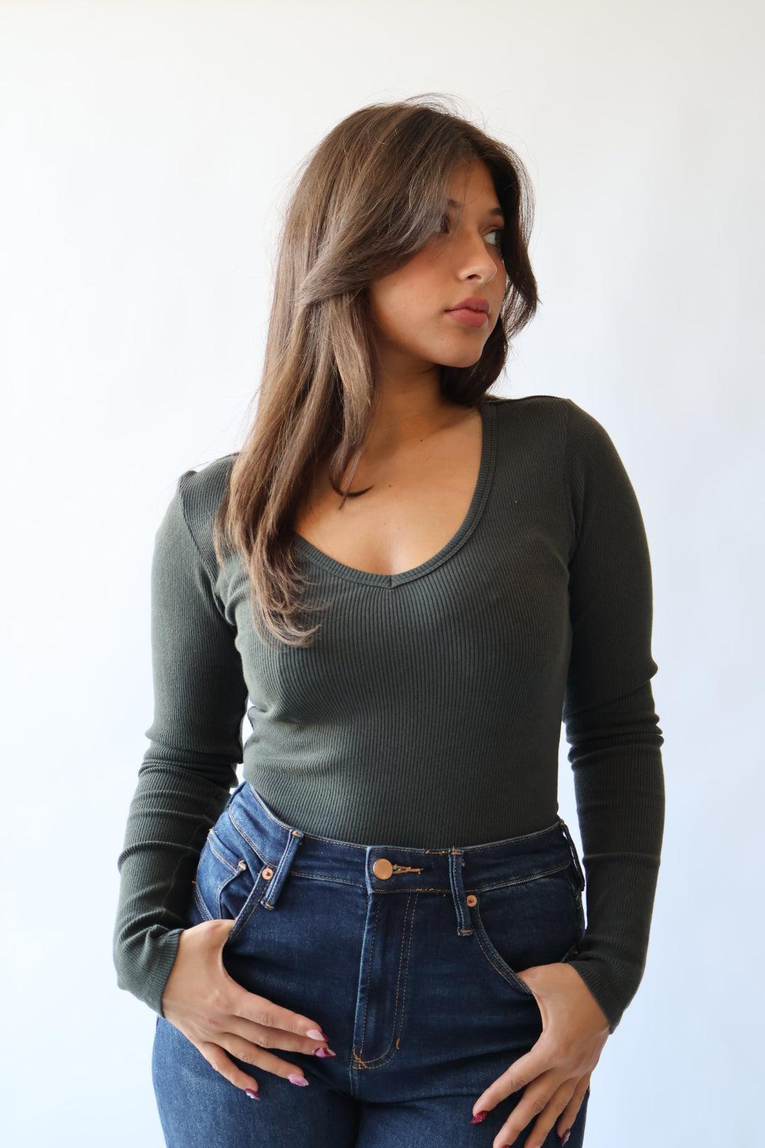 Marlowe Ribbed V Neck Fitted Top Product Image