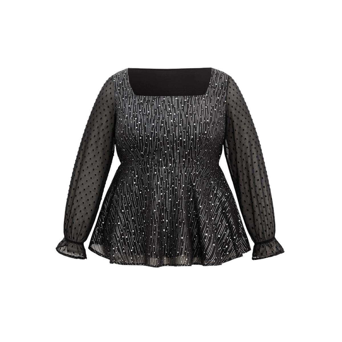 Plus Size Black Plain Textured Glitter Patchwork Square Neck Blouse Women Glamour Long Sleeve Square Neck Party Blouses BloomChic 14-16/1X Product Image