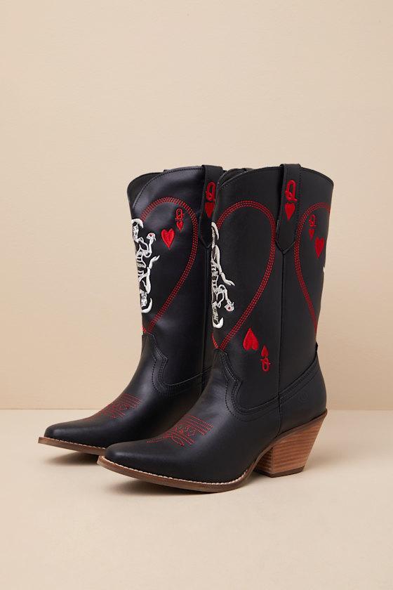 Queen A Hearts Black Leather Knee-High Western Boots Product Image