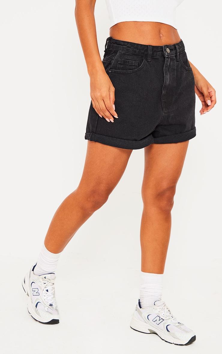 Washed Black Denim Mom Shorts Product Image