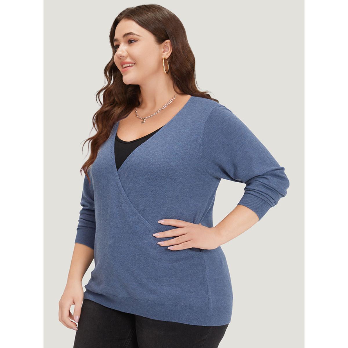 Plus Size Plain Crossover Elastic Cuffs Pullover Stone Women Casual Loose Long Sleeve Dailywear Pullovers BloomChic 30/6X Product Image