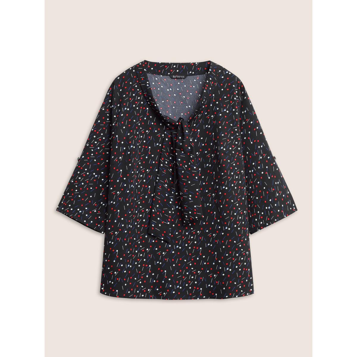 Plus Size Black Geometric Tab Sleeve Tie Neck Blouse Women At the Office Elbow-length sleeve Ribbon-tied collar Work Blouses BloomChic 10/M Product Image