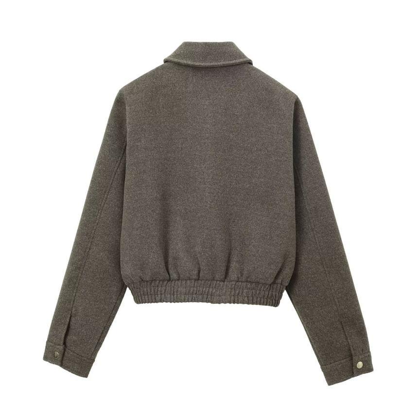 Collared Plain Zip Up Cropped Jacket Product Image
