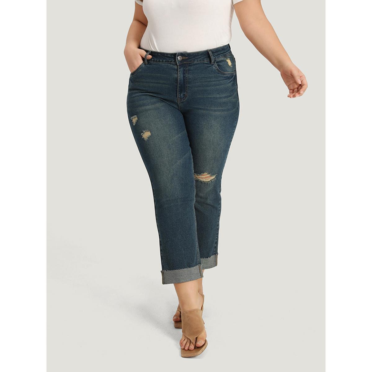 Plus Size Solid Ripped Roll Hem Pocket Straight Leg Jeans Women Indigo Casual Plain Plain High stretch Pocket Jeans BloomChic 12/L Product Image