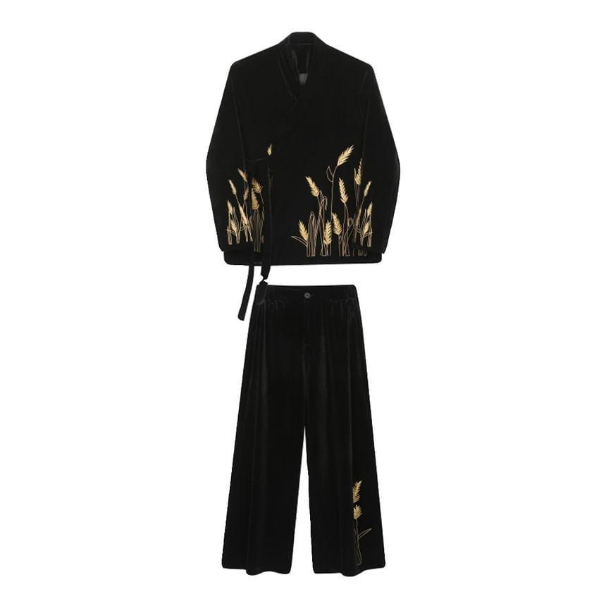 Set: Embroidered Velvet Tie Front Jacket + Mid Rise Wide Leg Dress Pants Product Image