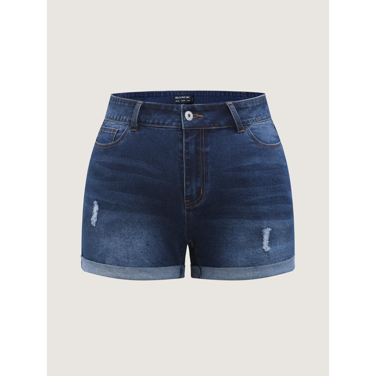 Plus Size Stretchy Ripped Skinny Fit Denim Shorts Women Darkindigo Distressed Medium stretch Everyday-Casual Slanted pocket Denim Shorts BloomChic 16/1X Product Image