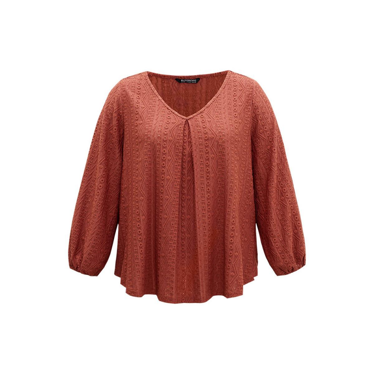 Plus Size Keyhole Plicated Detail Lantern Sleeve T-shirt Rust Women Elegant Elastic cuffs Plain V-neck Dailywear T-shirts BloomChic 30/6X Product Image