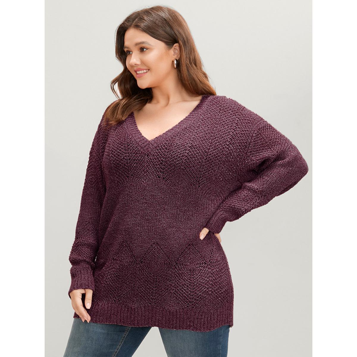 Plus Size Solid Pointelle Knit Eyelet V Neck Heather Knit Top Russet Women Elegant Loose Long Sleeve V-neck Dailywear Pullovers BloomChic 22-24/3X Product Image