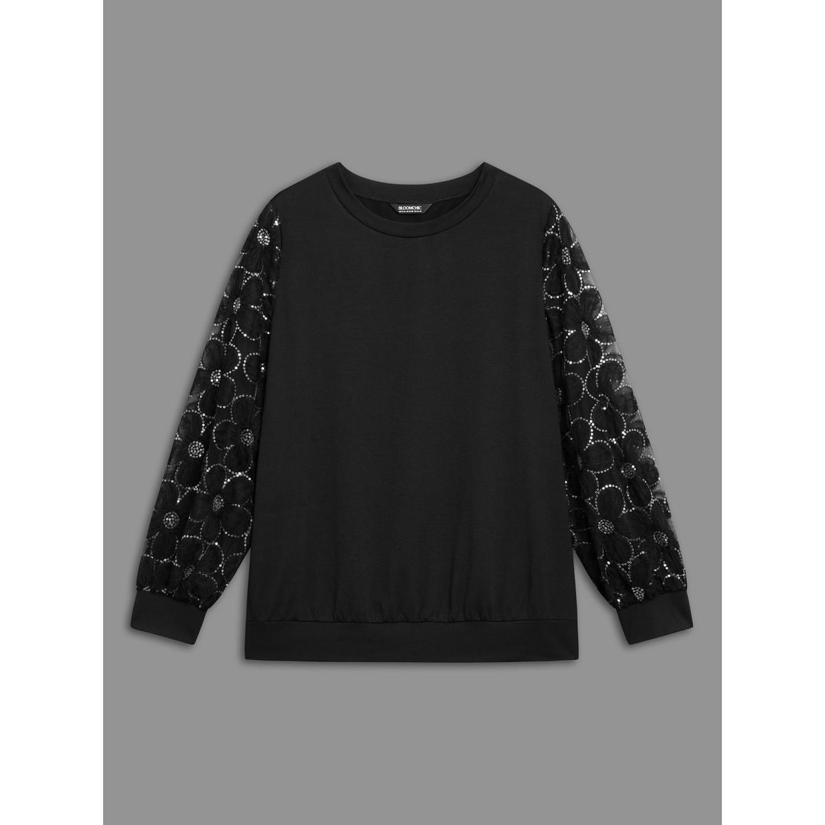 Plus Size Floral Sequin Mesh Patchwork Sweatshirt Women Black Elegant Patchwork Round Neck Everyday Sweatshirts BloomChic 30/6X Product Image