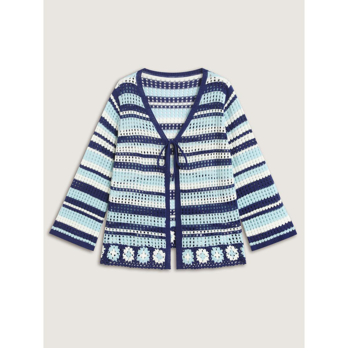 Plus Size Crochet Color Stripes Flared Sleeve Knit Cardigan Indigo Women Loose Long Sleeve Everyday-Casual Cardigans BloomChic 14-16/1X Product Image