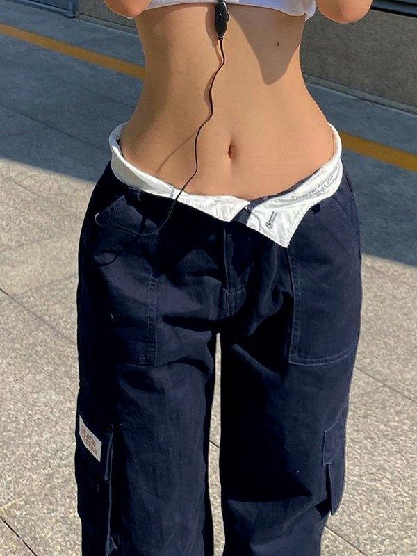 Fold Over Waist Y2K Straight Leg Pants Product Image