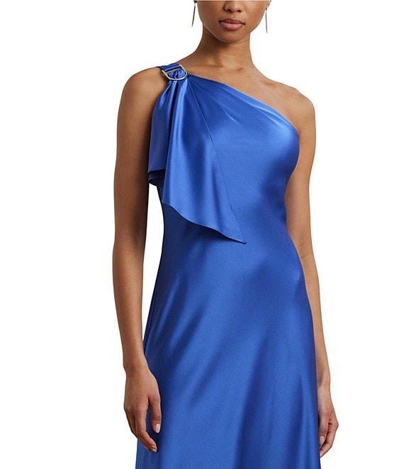 Lauren Ralph Lauren Elzira Draped Ruffle One Shoulder Satin Charmeuse Slip Dress Product Image
