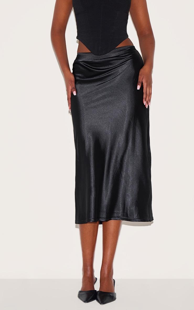 Black Satin Bias Cut Midi Skirt Product Image