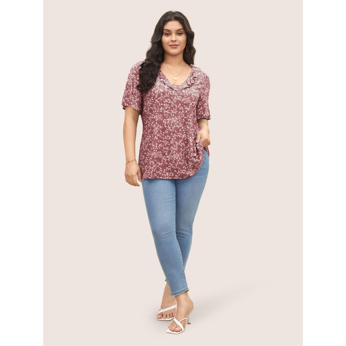 Plus Size Beanpastepowder Rayon Ditsy Floral Pleated Patchwork Ruffles Blouse Women Elegant Short sleeve V-neck Everyday Blouses BloomChic 30/6X Product Image