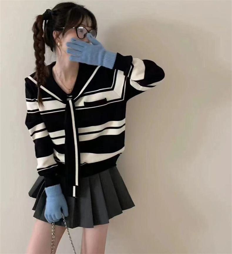 Long-Sleeve Sailor Collar Striped Tie Front Knit Top Product Image