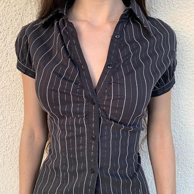 Short Sleeve / Long Sleeve V-Neck Striped Slim-Fit Shirt Product Image