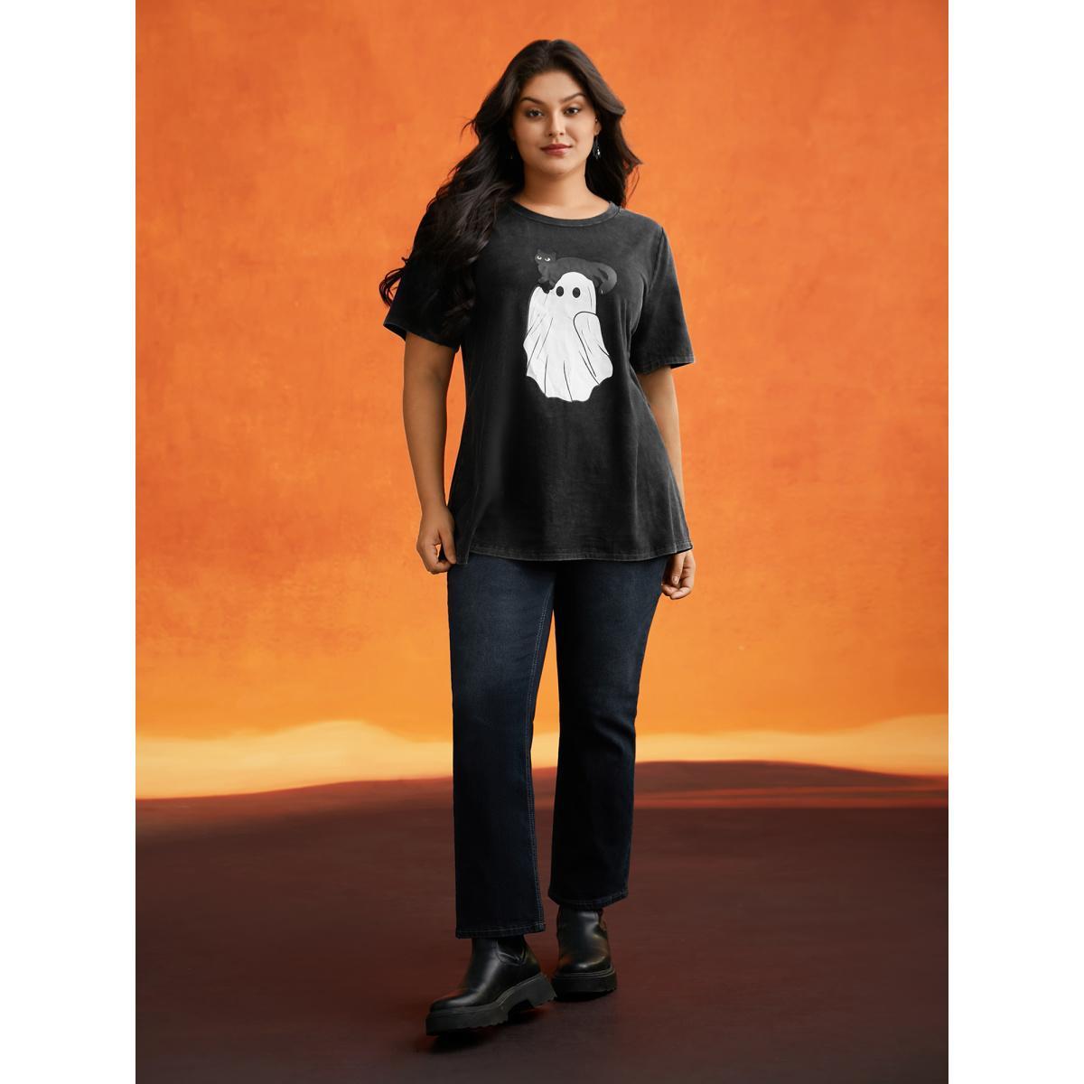 Plus Size Cotton Hide And Seek Washed Effect T-shirt Black Women Casual Non Halloween Round Neck Everyday T-shirts BloomChic 28/5X Product Image