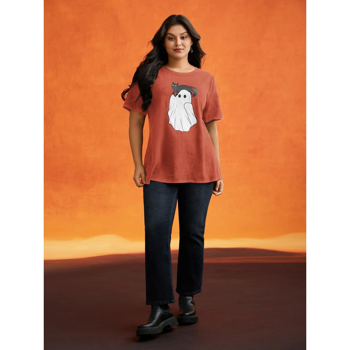 Plus Size Cotton Hide And Seek Washed Effect T-shirt Brightorange Women Casual Non Halloween Round Neck Everyday T-shirts BloomChic 18-20/2X Product Image