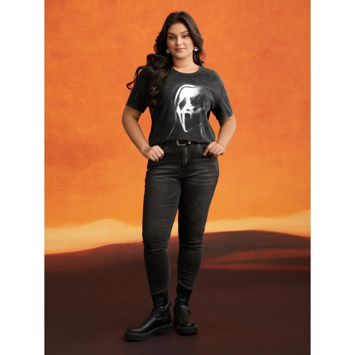 Plus Size Ghostly Aura Crew Neck T-shirt Acidwashblack Women Casual Non Halloween Round Neck Everyday T-shirts BloomChic 14-16/1X Product Image