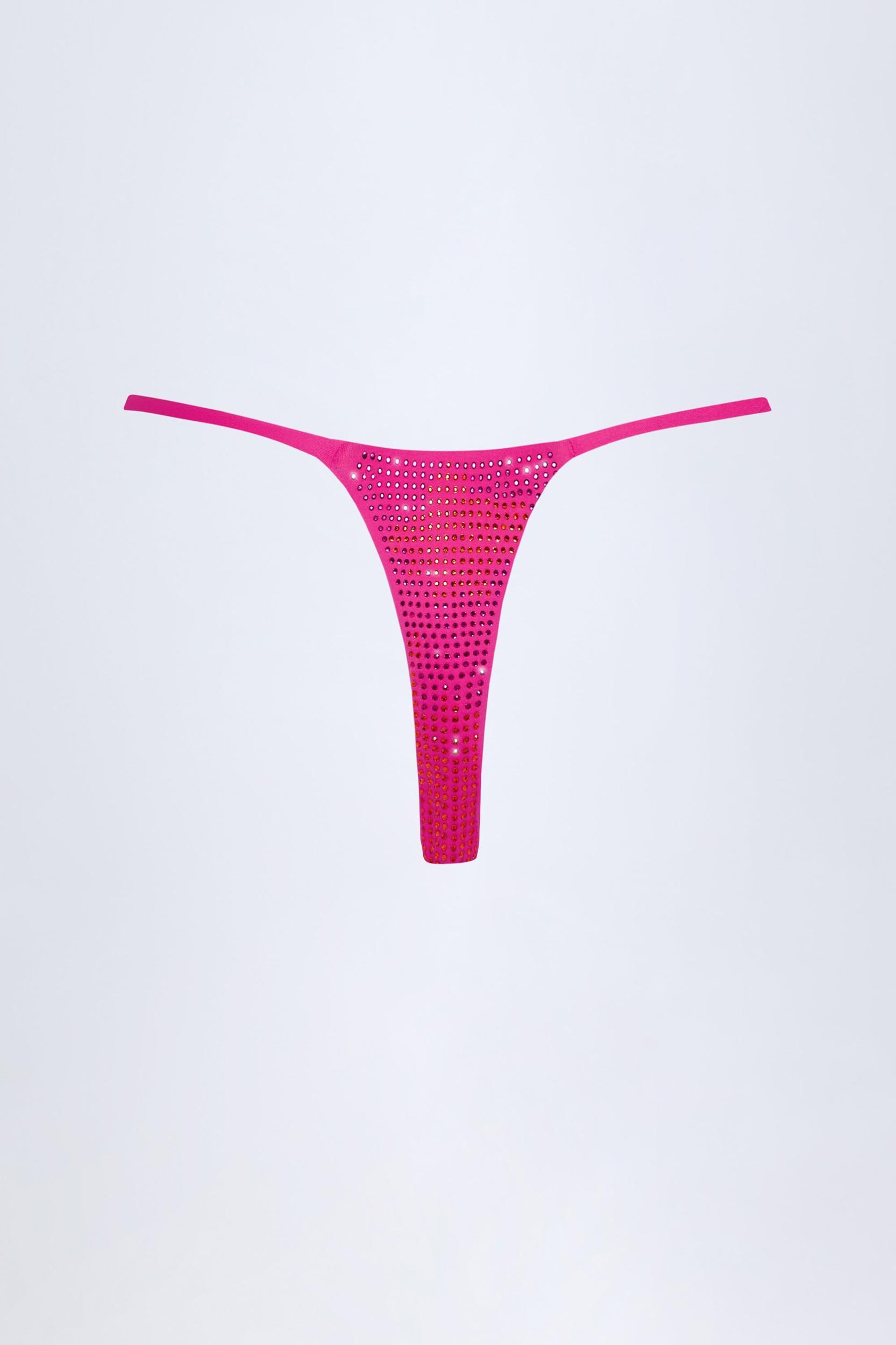 Embellished Thong Bikini Bottoms in Pink Tropical Hotfix Product Image