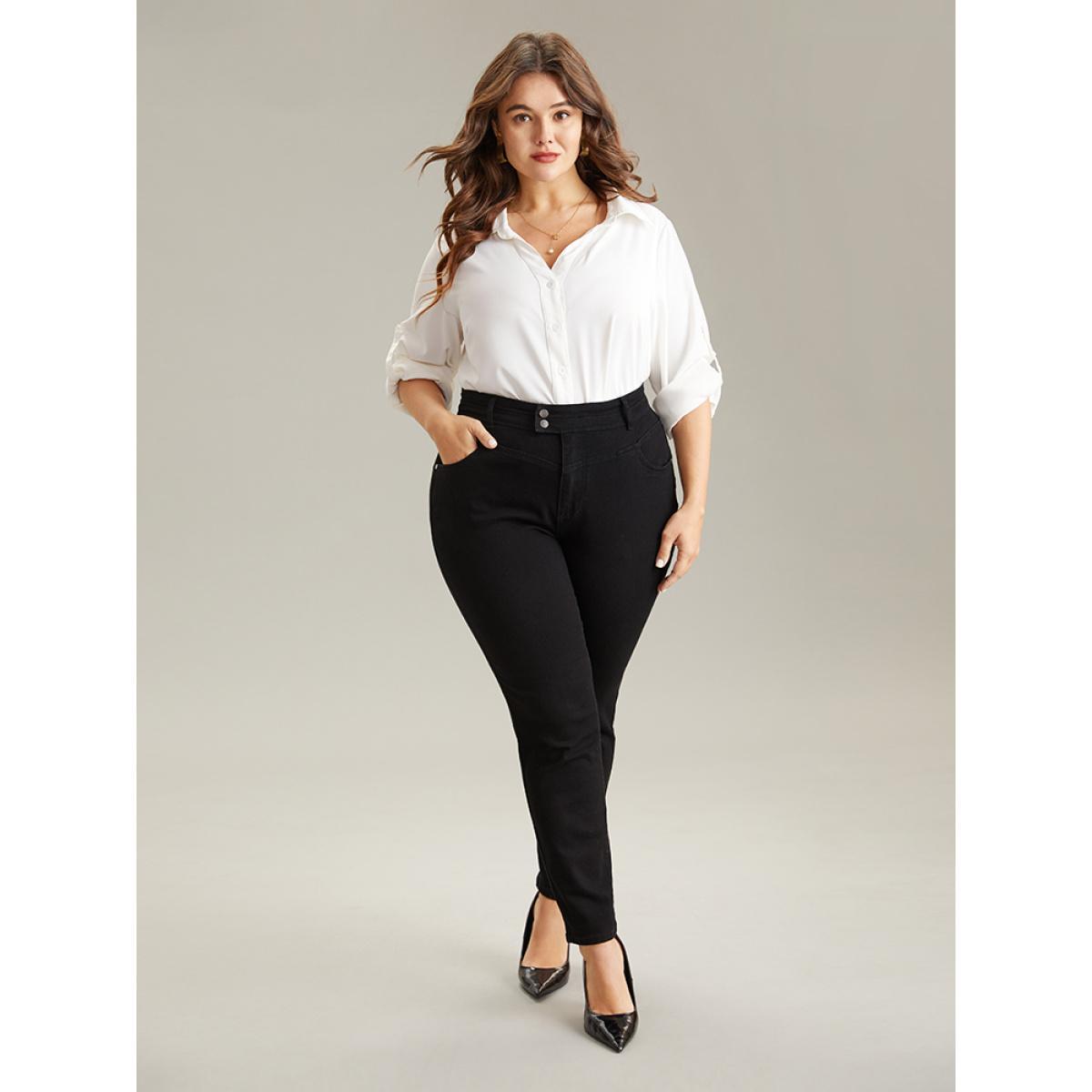 Plus Size Plain Black Wash Button Through Jeans Women Black Casual Plain Plain High stretch Pocket Jeans BloomChic 14/1X Product Image