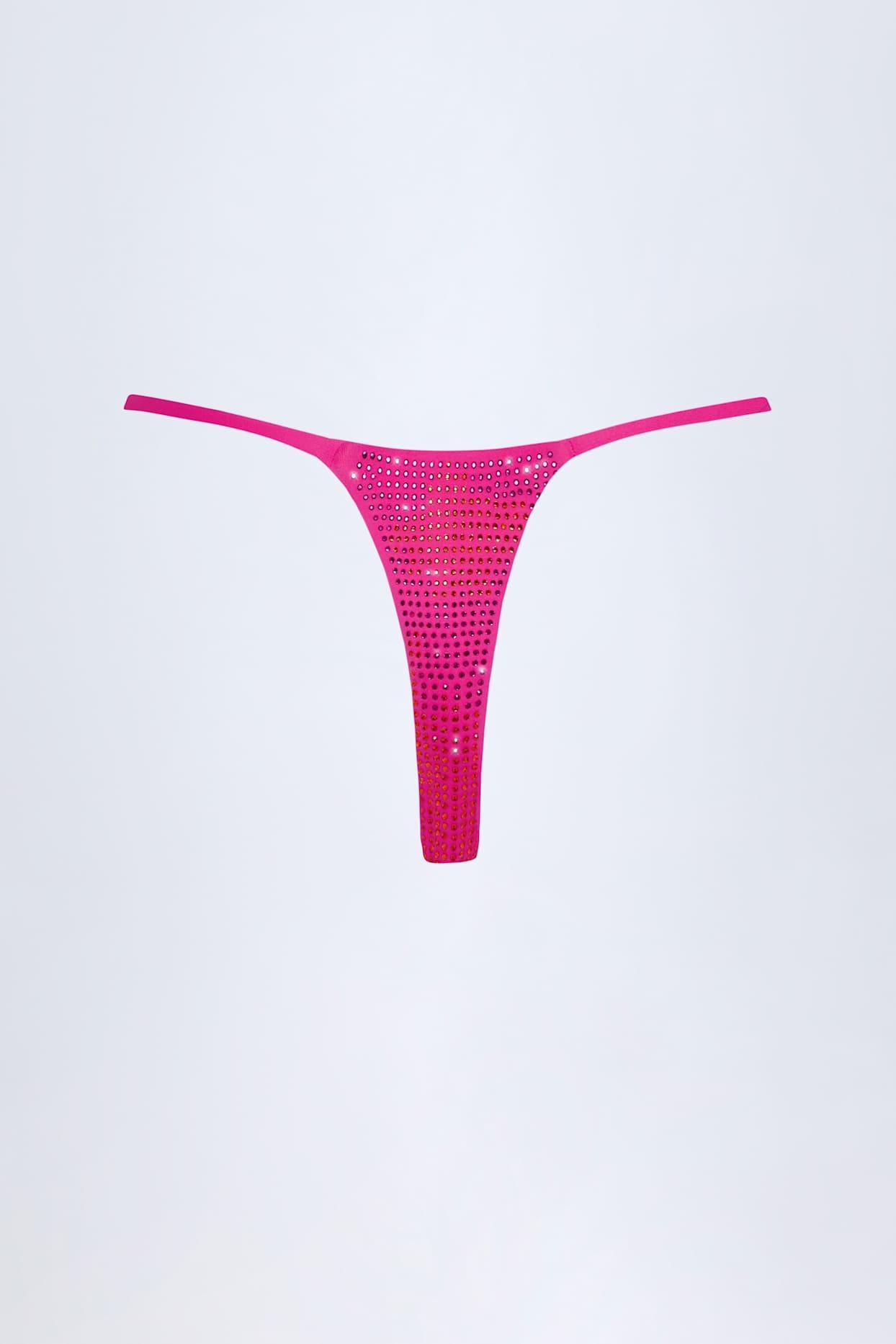Embellished Thong Bikini Bottoms in Pink Tropical Hotfix Product Image