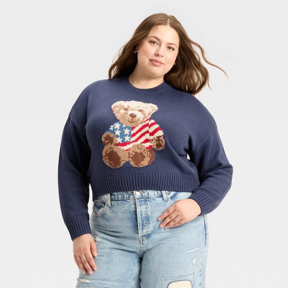 Women's Teddy Bear Flag Graphic Sweater - Navy Product Image