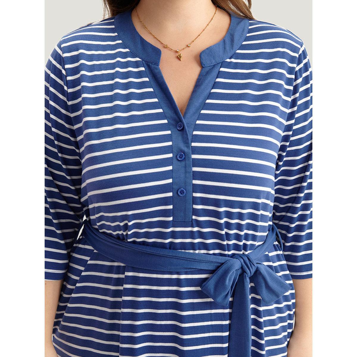 Plus Size Striped Belted Notched Dress Blue Women Casual Belted Notched collar Elbow-length sleeve Curvy Midi Dress BloomChic 12/L Product Image