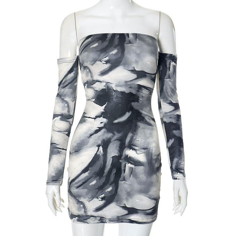 Long-Sleeve Off-Shoulder Tie Dye Mini Bodycon Dress Product Image