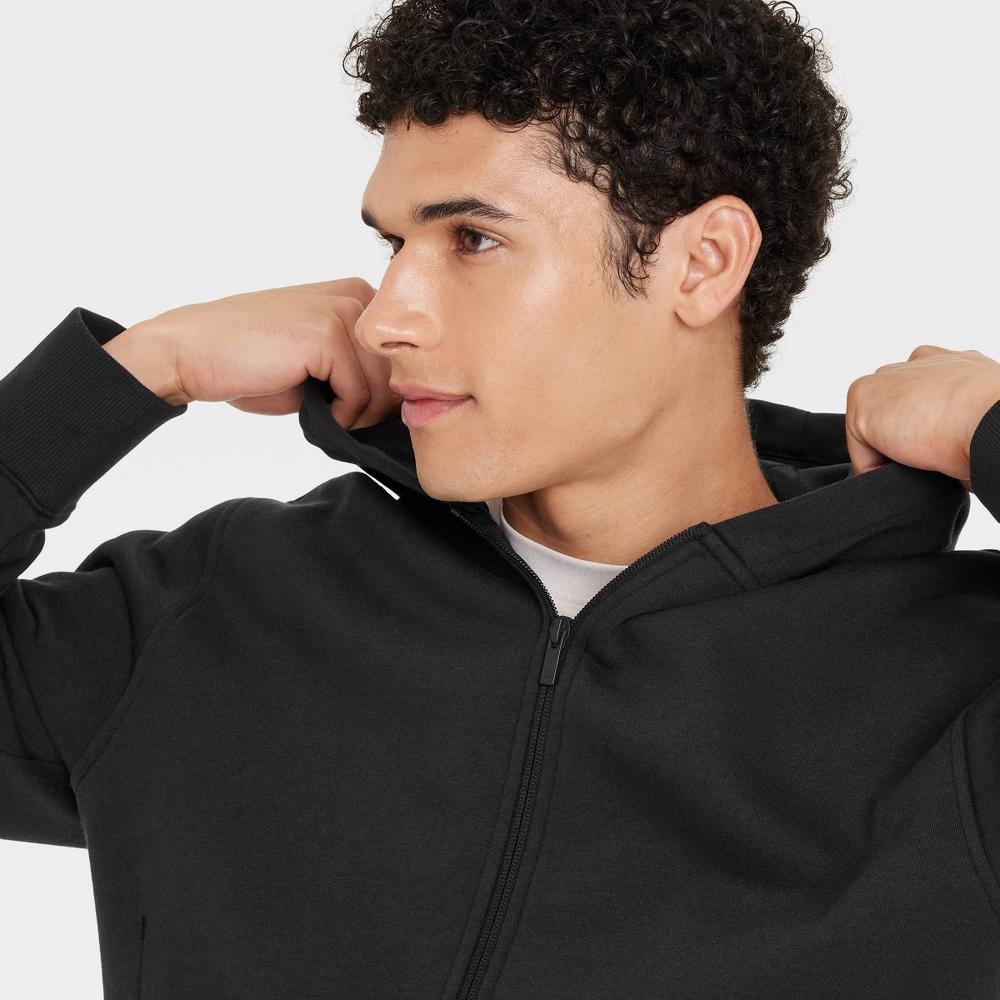 Men's Cotton Fleece Full Zip Hooded Sweatshirt - All In Motion™ Black Onyx L: Recycled Polyester, Lightweight, Ribbed Hem, Front Pocket Product Image