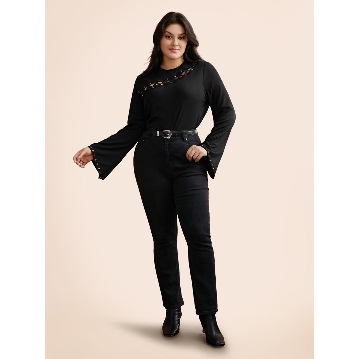 Plus Size Peek-A-Boo Cut-Out Neckline T-shirt Black Women Elegant Eyelet Round Neck Everyday T-shirts BloomChic 22-24/3X Product Image