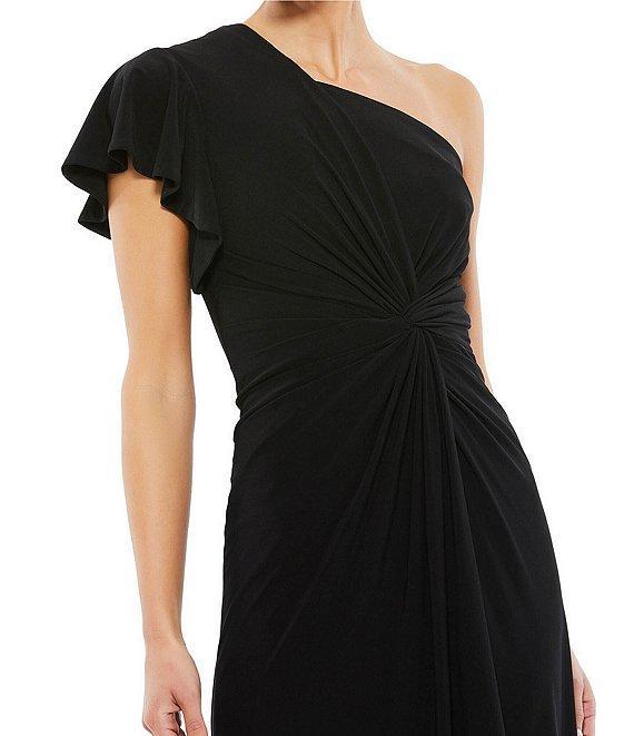 Mac Duggal Asymmetrical Hem One Shoulder Short Flutter Sleeve Ruched Twist Waist Faux Wrap Midi Dress Product Image