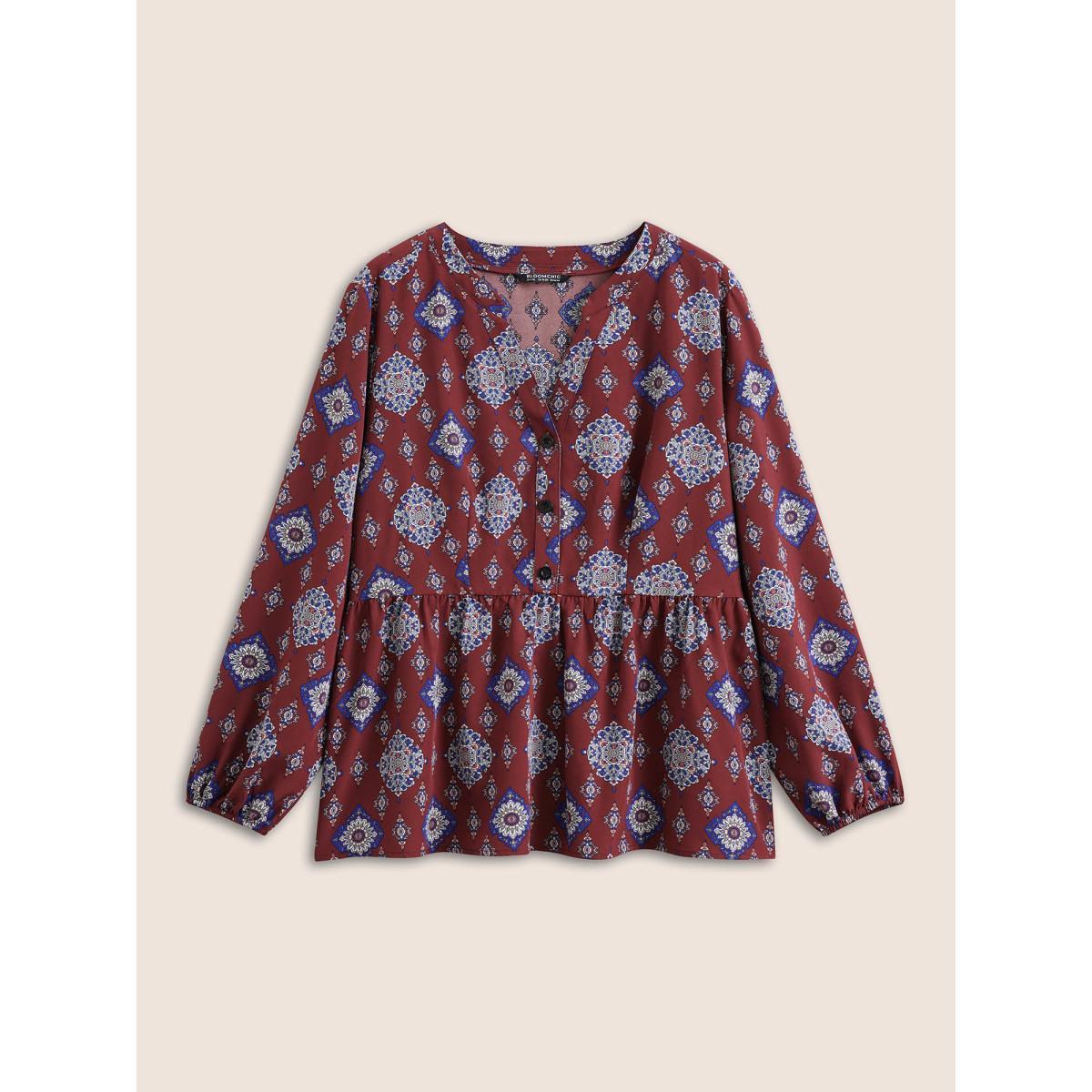 Plus Size Scarlet Boho Print Notched Lantern Sleeve Blouse Women Vacation Long Sleeve Notched collar Vacation Blouses BloomChic 22-24/3X Product Image