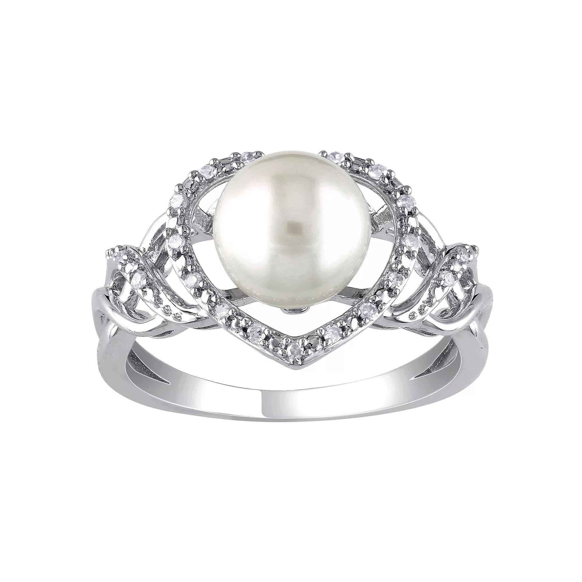 Stella Grace Sterling Silver Freshwater Cultured Pearl & Diamond Accent Heart Ring, Women's, Size: 7 Product Image