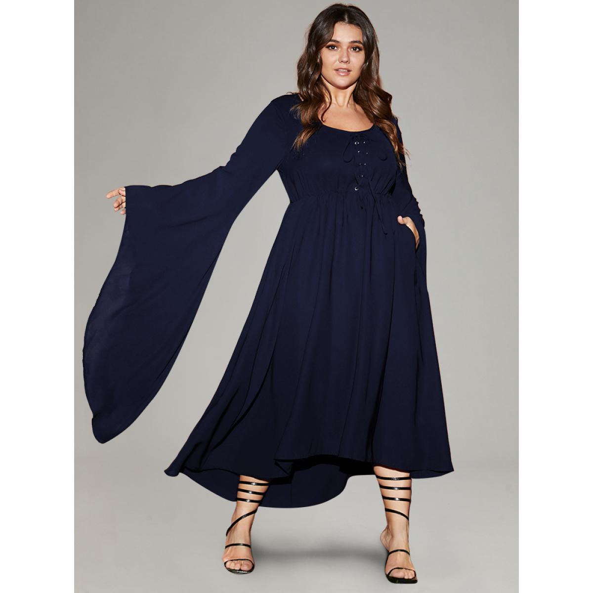 Plus Size Solid Bell Sleeve Pocket Ties High Low Hem Dress DarkBlue Women Elegant Non V-neck Long Sleeve Curvy Midi Dress BloomChic 18-20/2X Product Image