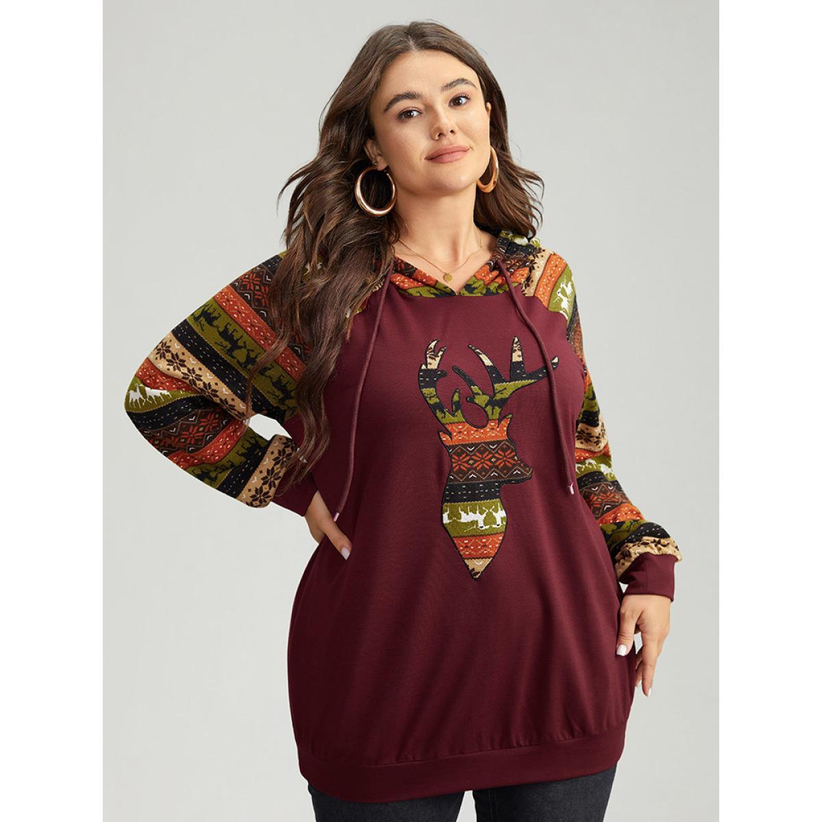 Plus Size Christmas Print Pocket Hooded Drawstring Sweatshirt Women Burgundy Casual Contrast Festival-Christmas Sweatshirts BloomChic 18-20/2X Product Image