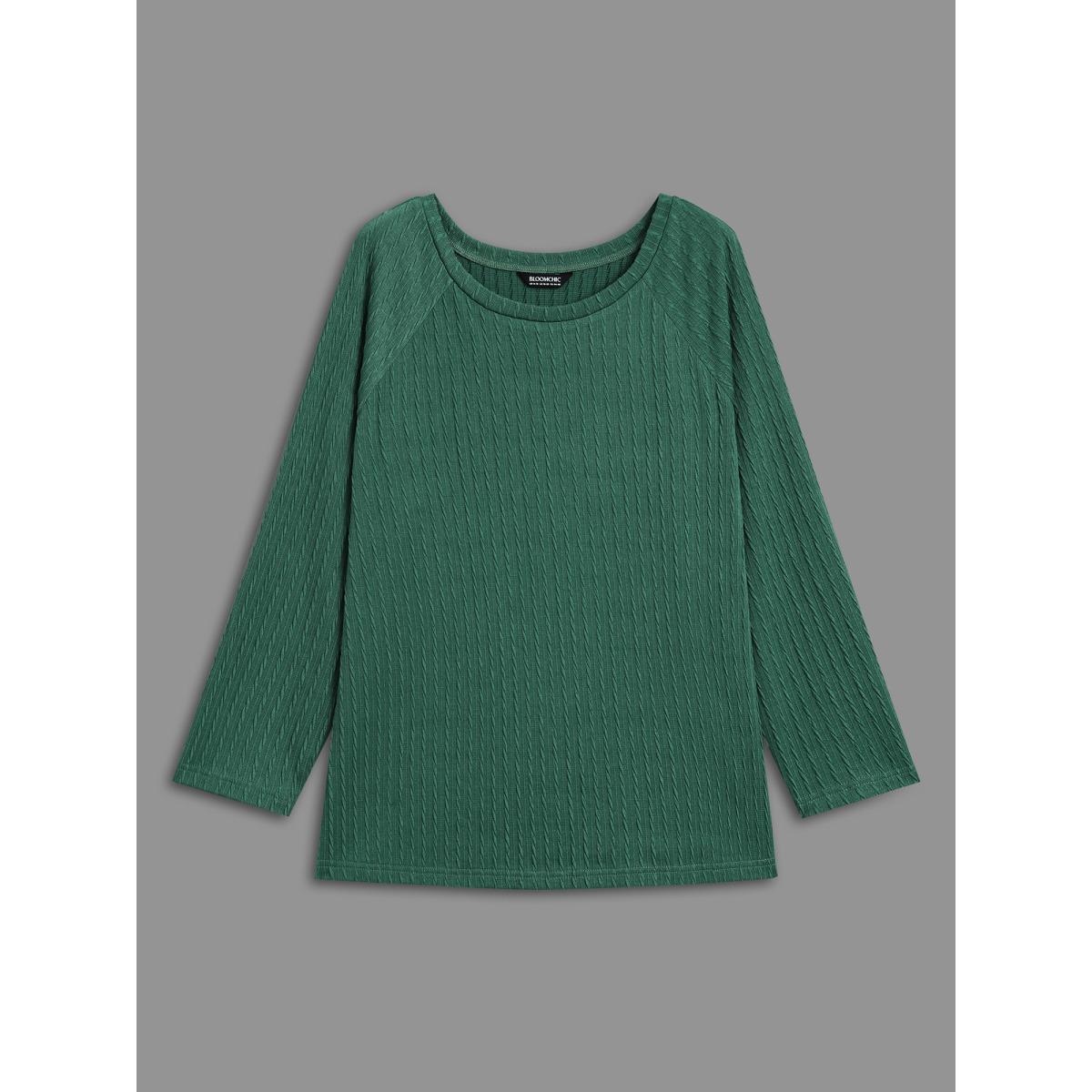 Plus Size Textured Elastic Raglan Sleeves T-shirt Emerald Women Casual Texture Round Neck Everyday T-shirts BloomChic 12/L Product Image