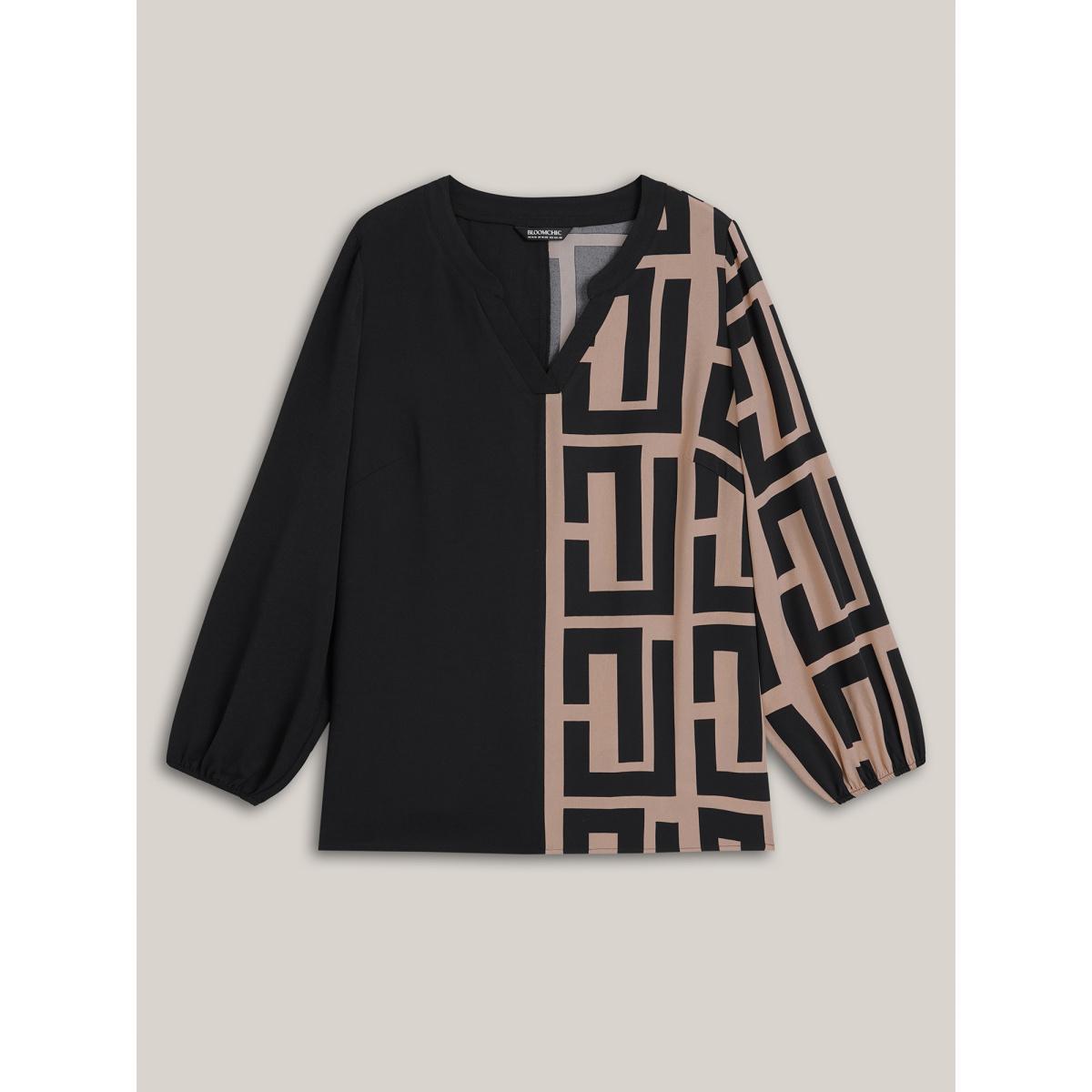 Plus Size Black Notched Geometric Colorblock Contrast Blouse Women At the Office Long Sleeve Notched collar Work Blouses BloomChic 22-24/3X Product Image