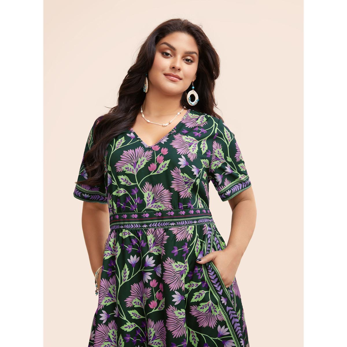 Plus Size Boho Print Shirred Pocket Midi Dress Cyan Women Resort Shirred V-neck Short sleeve Curvy BloomChic 30/6X Product Image