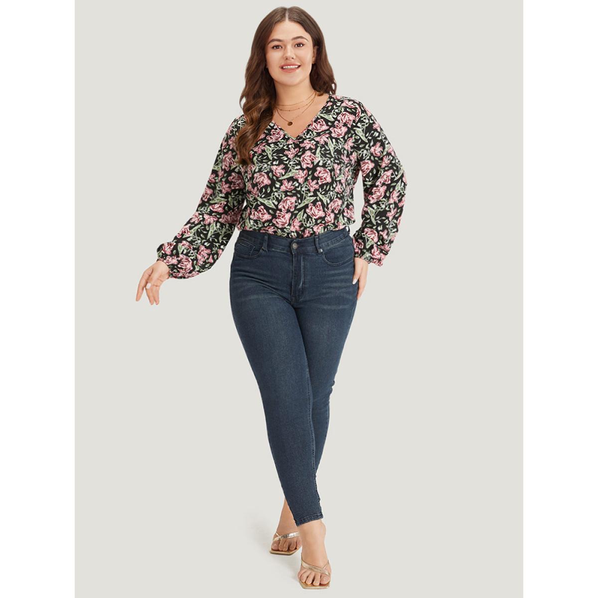 Plus Size Floral Print V Neck Elastic Waist Lantern Sleeve Bodysuit Women BlackFlower Natural Flowers Printed Bodysuits BloomChic 10/M Product Image