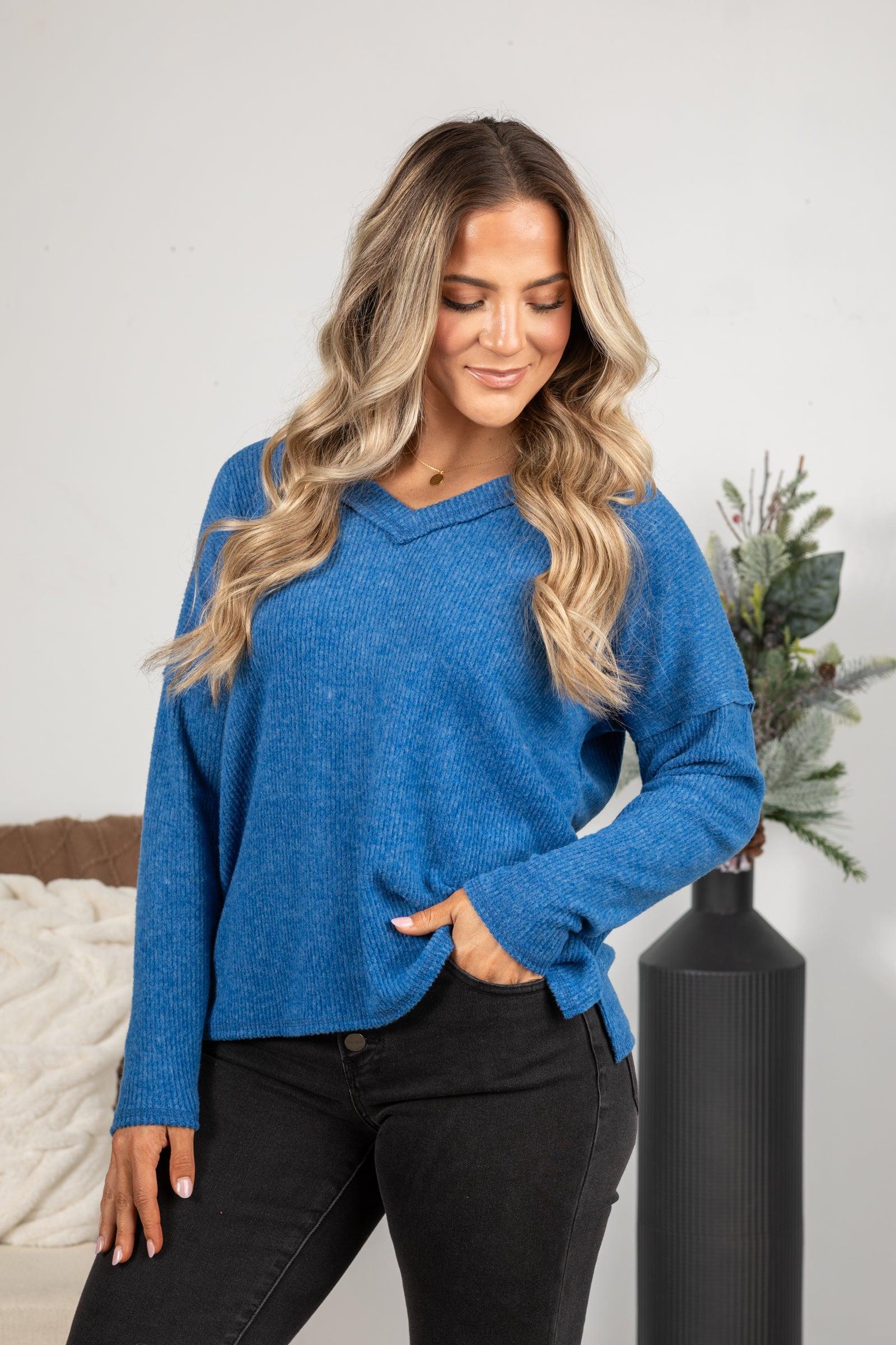 V-Neck Ribbed Drop Shoulder Knit Top Product Image