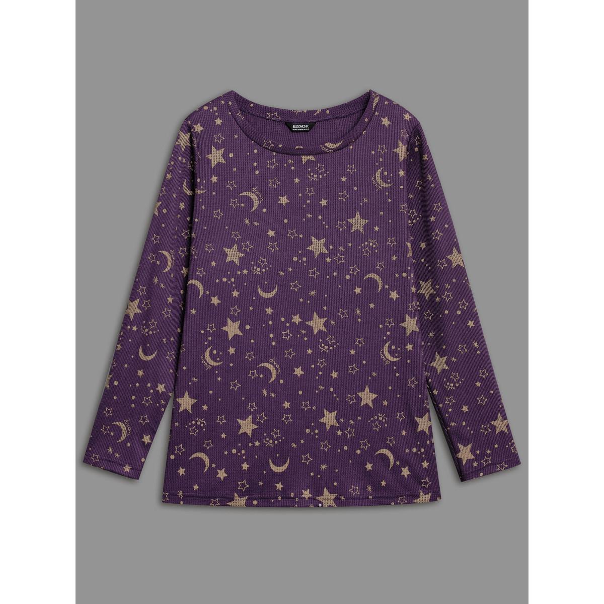 Plus Size Moon and Star Glitter Textured T-Shirt Deeppurple Women Casual Texture Star and moon Round Neck Everyday T-shirts BloomChic 12/L Product Image