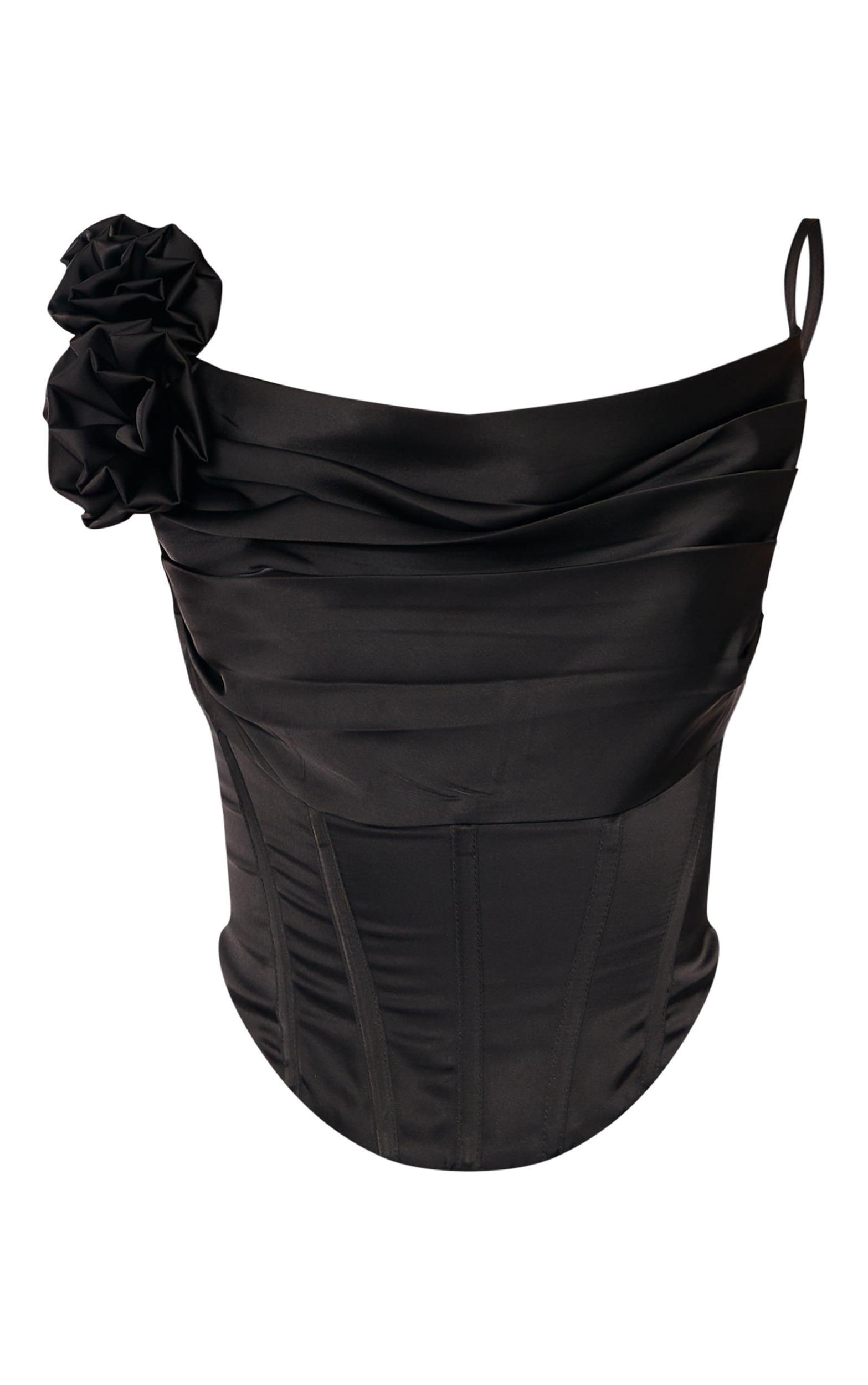 Black Premium Satin Rose Applique Drape Asymmetric Corset Product Image
