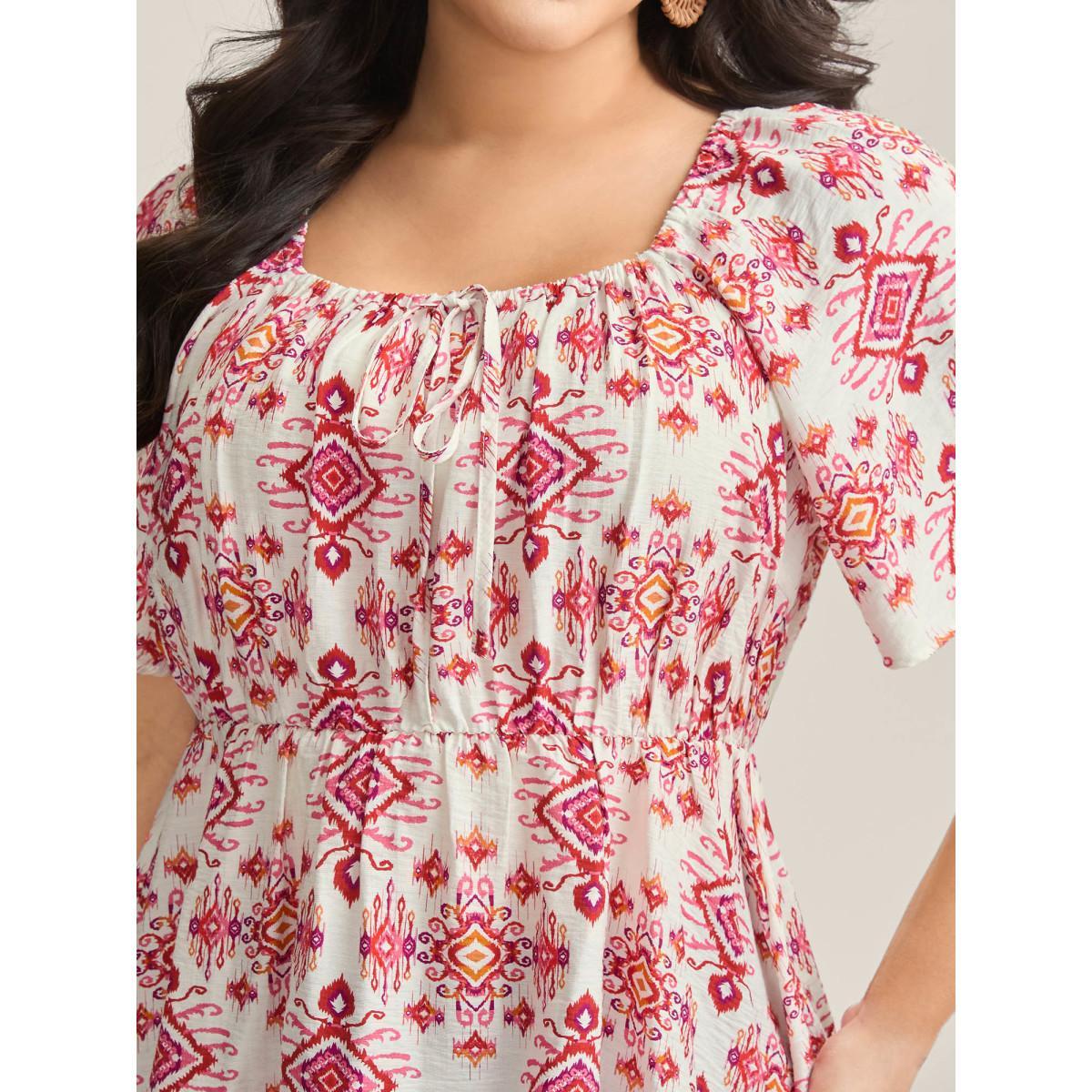 Plus Size Raspberry Floral Neck-Tie Babydoll Top Women Short sleeve Square Neck Vacation Blouses BloomChic 18-20/2X Product Image