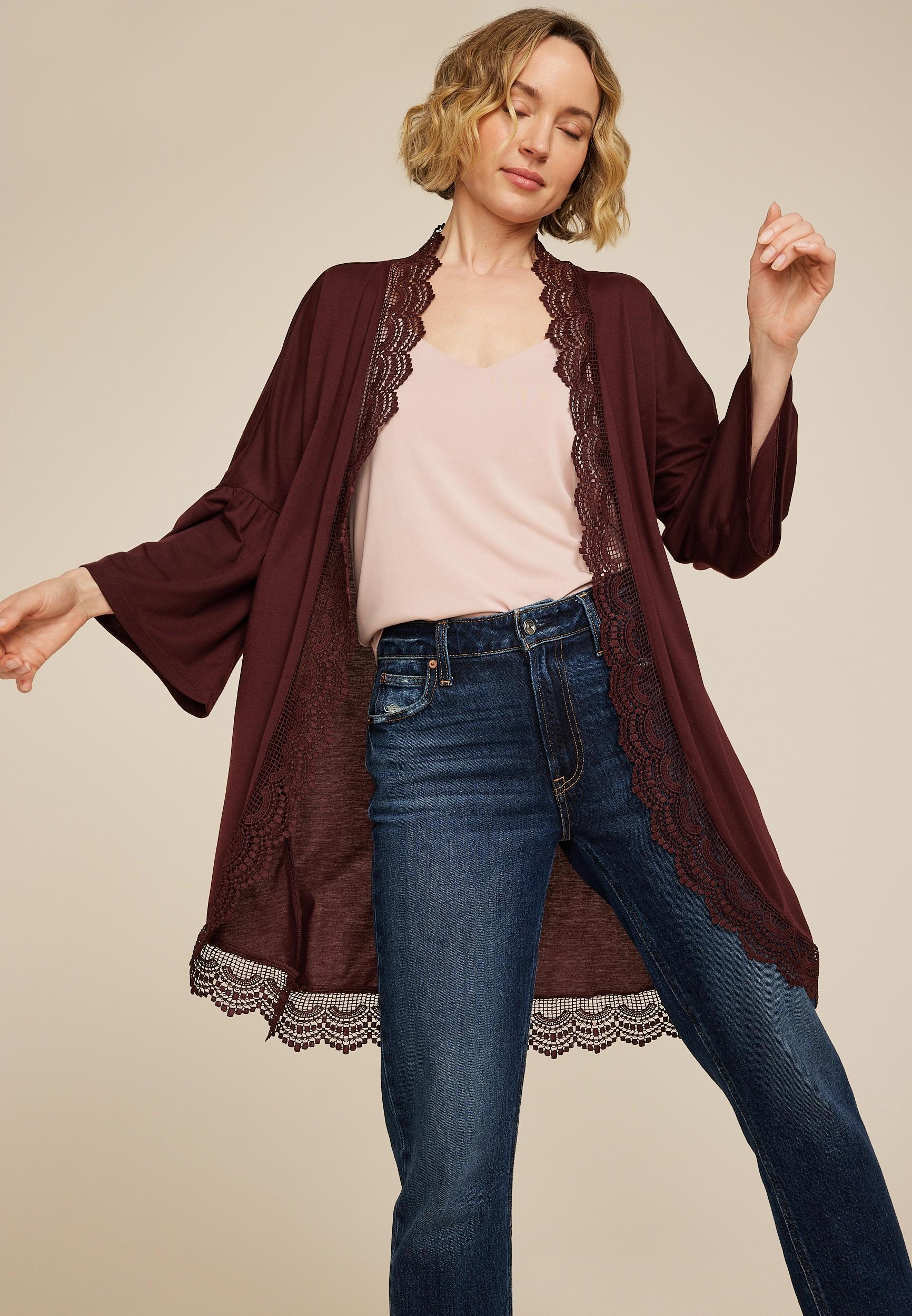 Crochet Trim Curve Hem Kimono Product Image